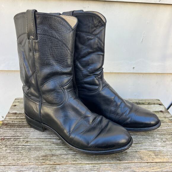 Vintage Justin Boots Black Roper Pull On Round Toe Cowboy Western 3133 8 1/2 D - Picture 1 of 9